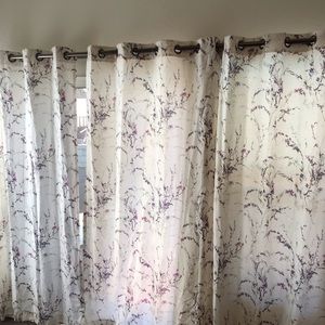 Set of 4, 84”long x 50”wide, floral/leaf curtain panels, purple/cream/grey